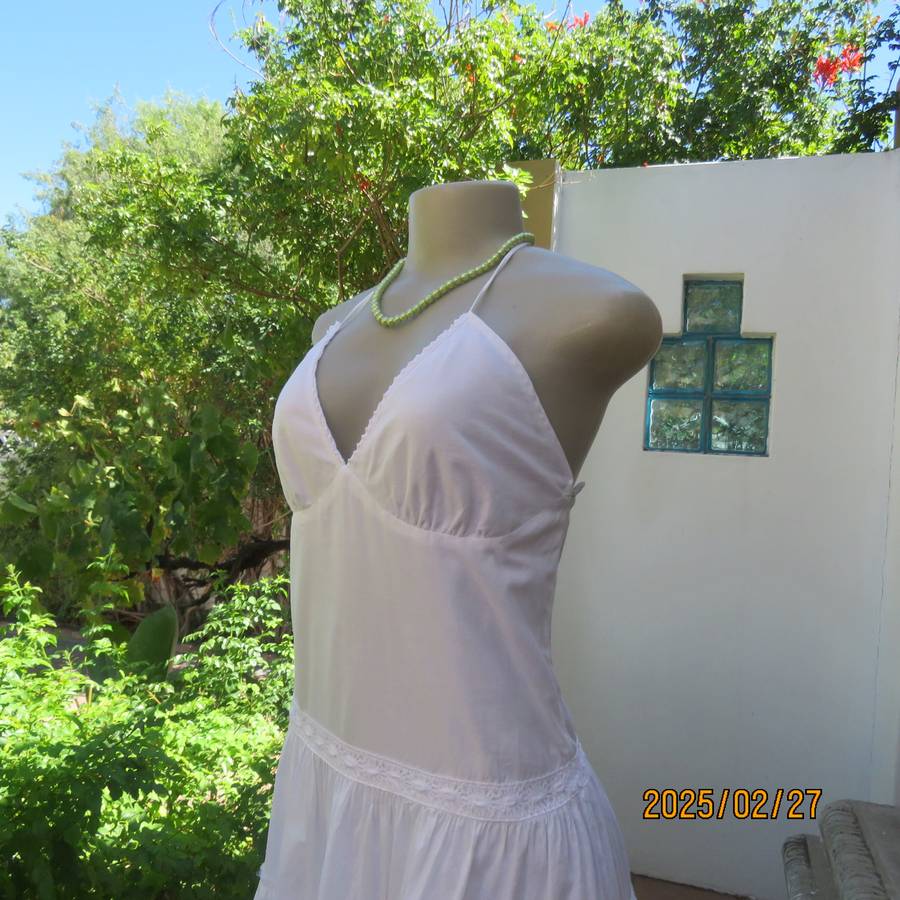 Magnificent white RT DENIM halter neck cotton dress with lining. Under bust gathering. Size 34.