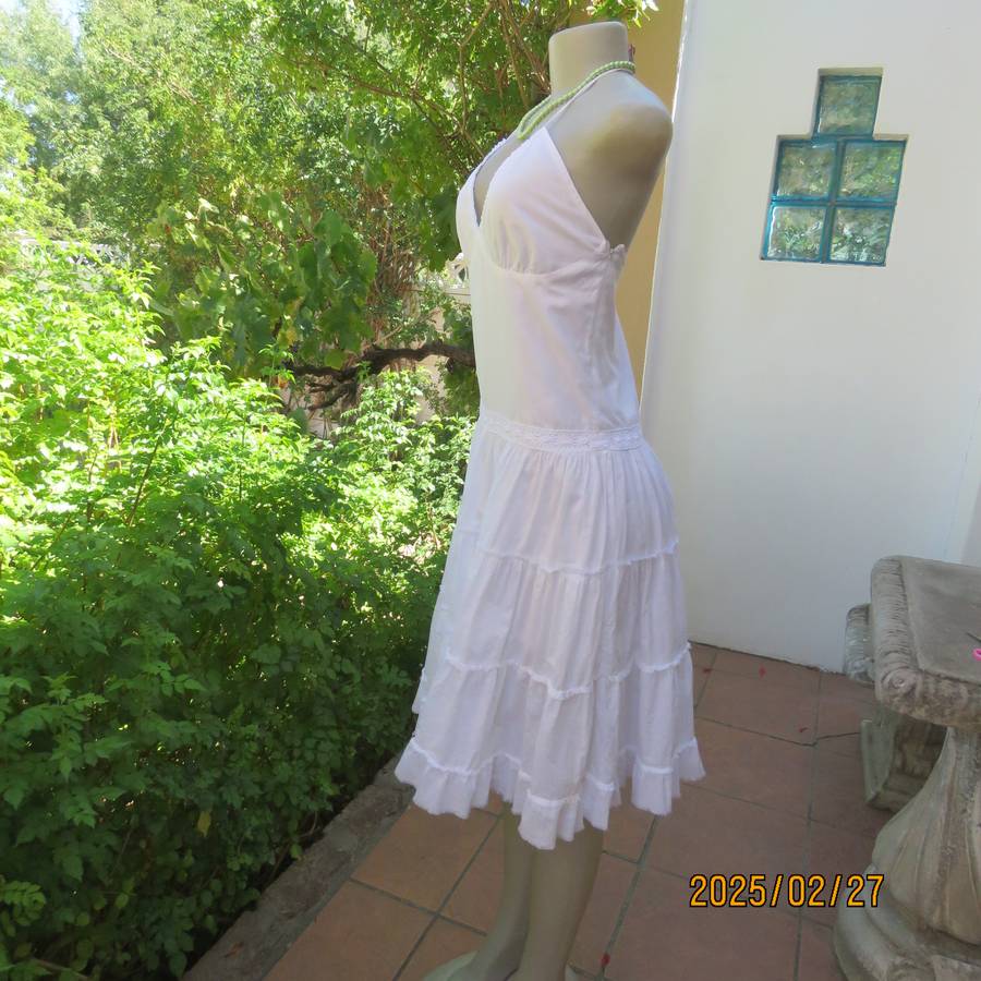 Magnificent white RT DENIM halter neck cotton dress with lining. Under bust gathering. Size 34.