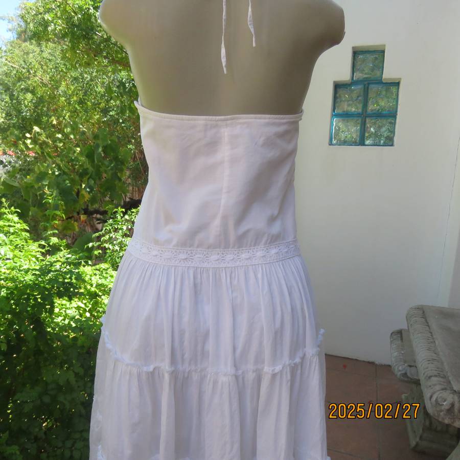 Magnificent white RT DENIM halter neck cotton dress with lining. Under bust gathering. Size 34.