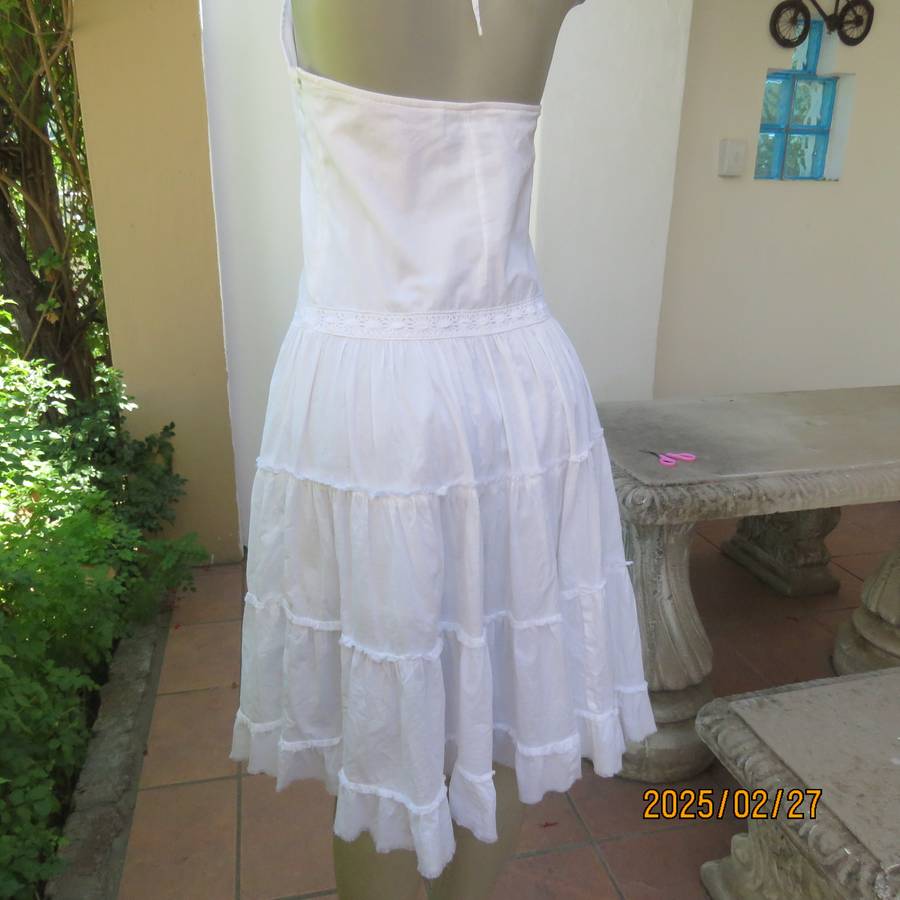 Magnificent white RT DENIM halter neck cotton dress with lining. Under bust gathering. Size 34.