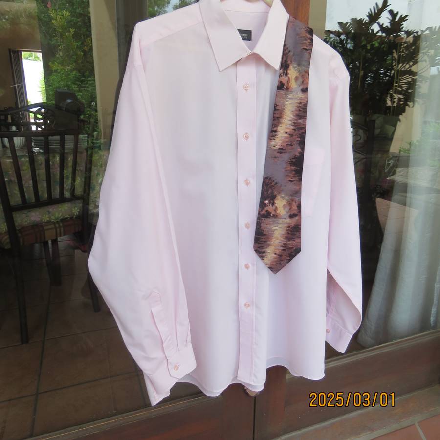 Handsome men's long sleeve polycotton rose pink shirt. Free matching tie. Size XXL by WOOLWORTHS.