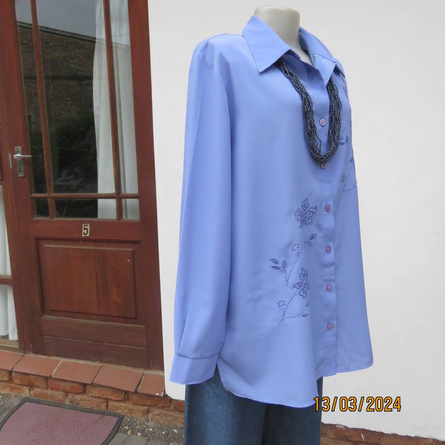 Steel blue richly embroidered long sleeve blouse by CG Collection New York. Size 42