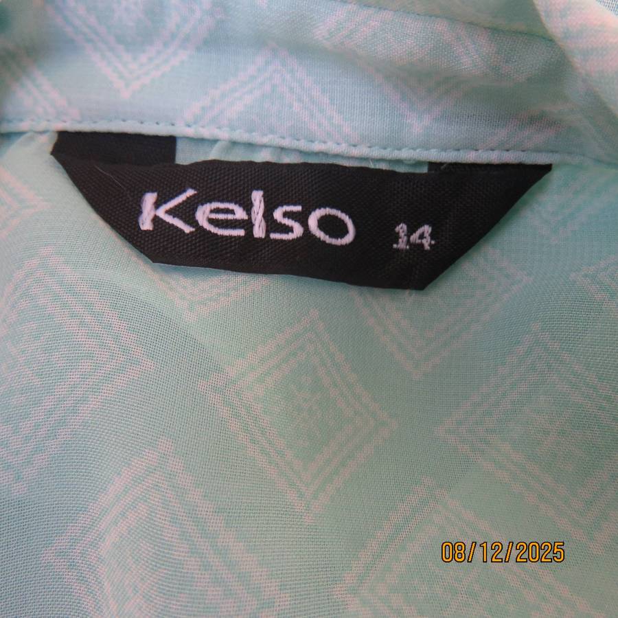 KELSO extra long sheer aqua-white sleeveless top. Shirt collar Slits. Size 38
