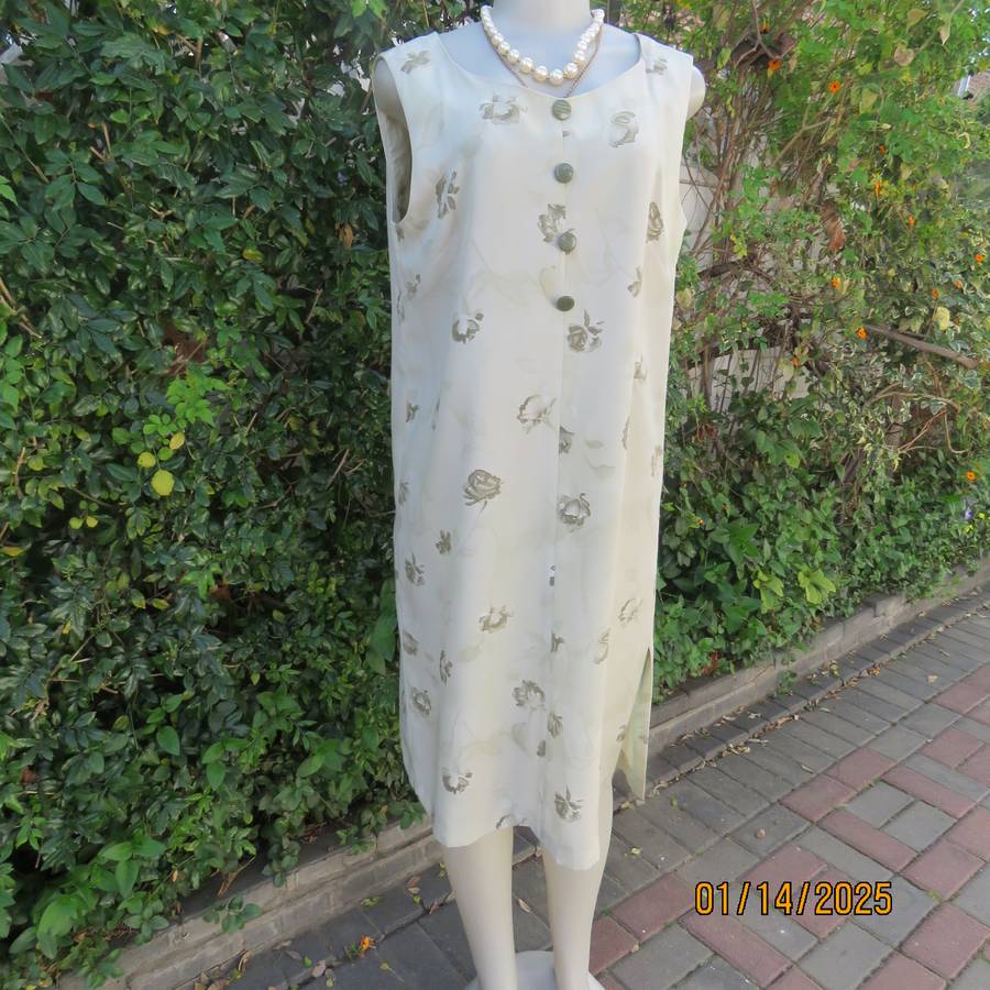 Boutique made sage green shift sleeveless dress with olive green flowers, Size 38. Side slit. As new