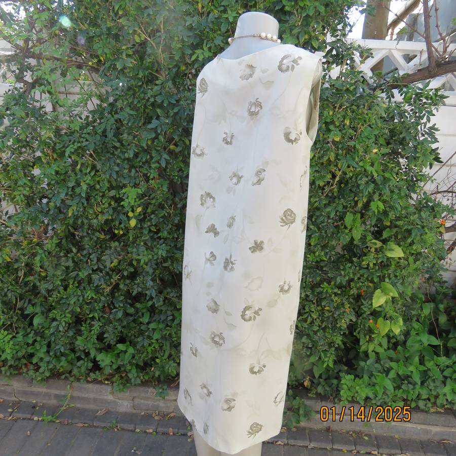 Boutique made sage green shift sleeveless dress with olive green flowers, Size 38. Side slit. As new