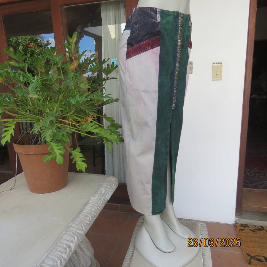 YEBO sleek marble colour washed denim cotton ankle length button down skirt size 34.