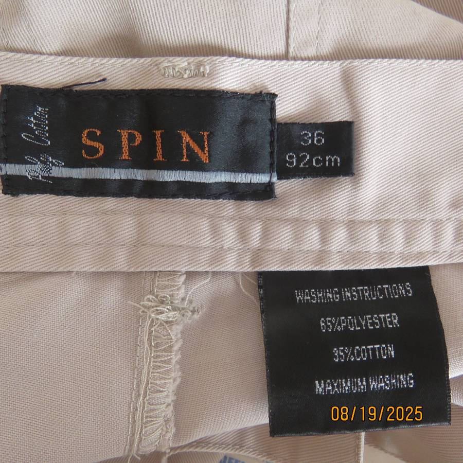 SPIN men's beige casual pants size 36. Pockets back-front. Bellows on leg sides.