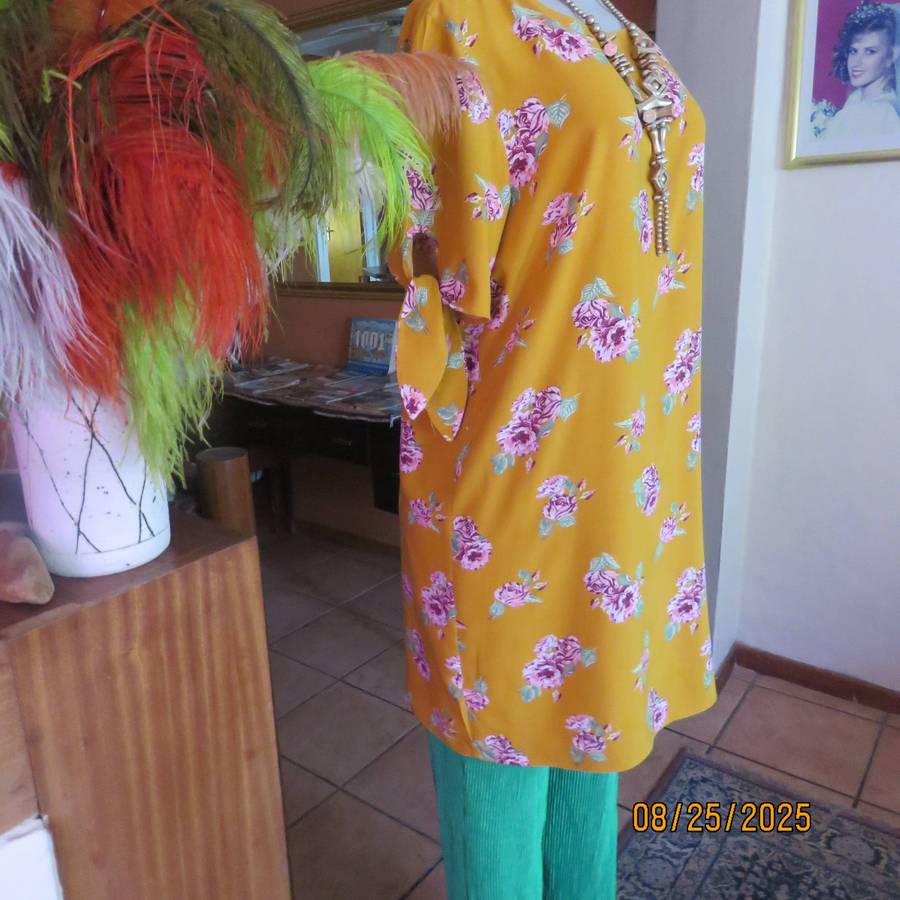 EDITION amber yellow long rayon slip over top size 36. Short sleeves. Pink posies.