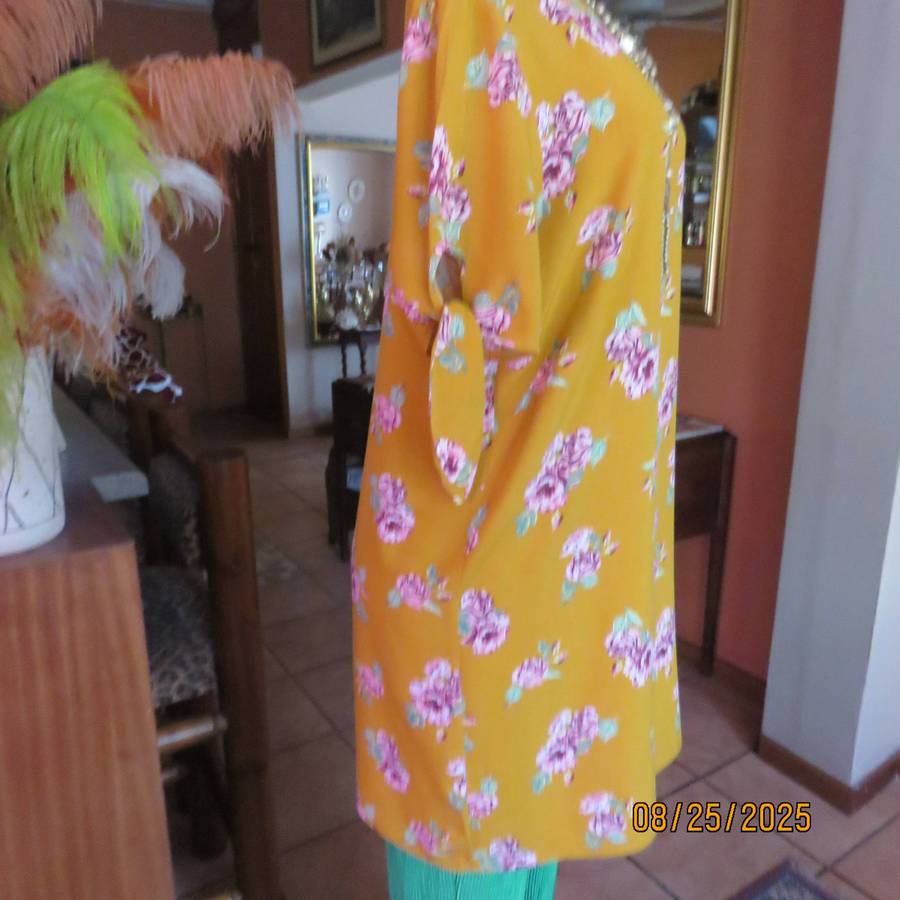 EDITION amber yellow long rayon slip over top size 36. Short sleeves. Pink posies.