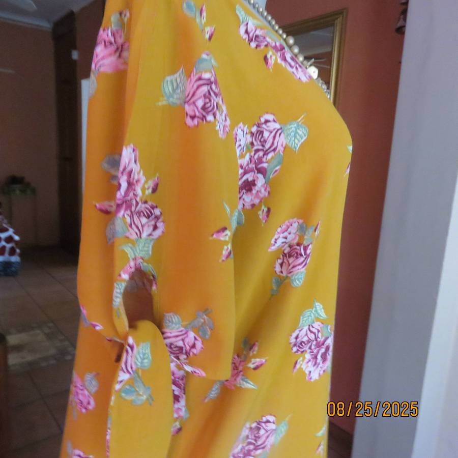 EDITION amber yellow long rayon slip over top size 36. Short sleeves. Pink posies.