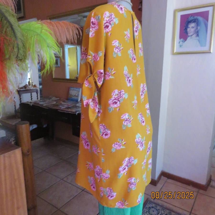 EDITION amber yellow long rayon slip over top size 36. Short sleeves. Pink posies.