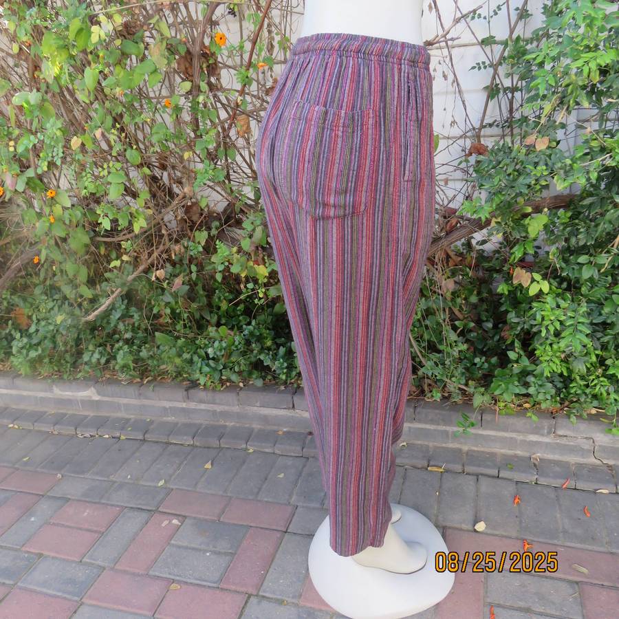 Red-lilac and black vertical striped cotton comfy pants. Elasticated waist. Size 38