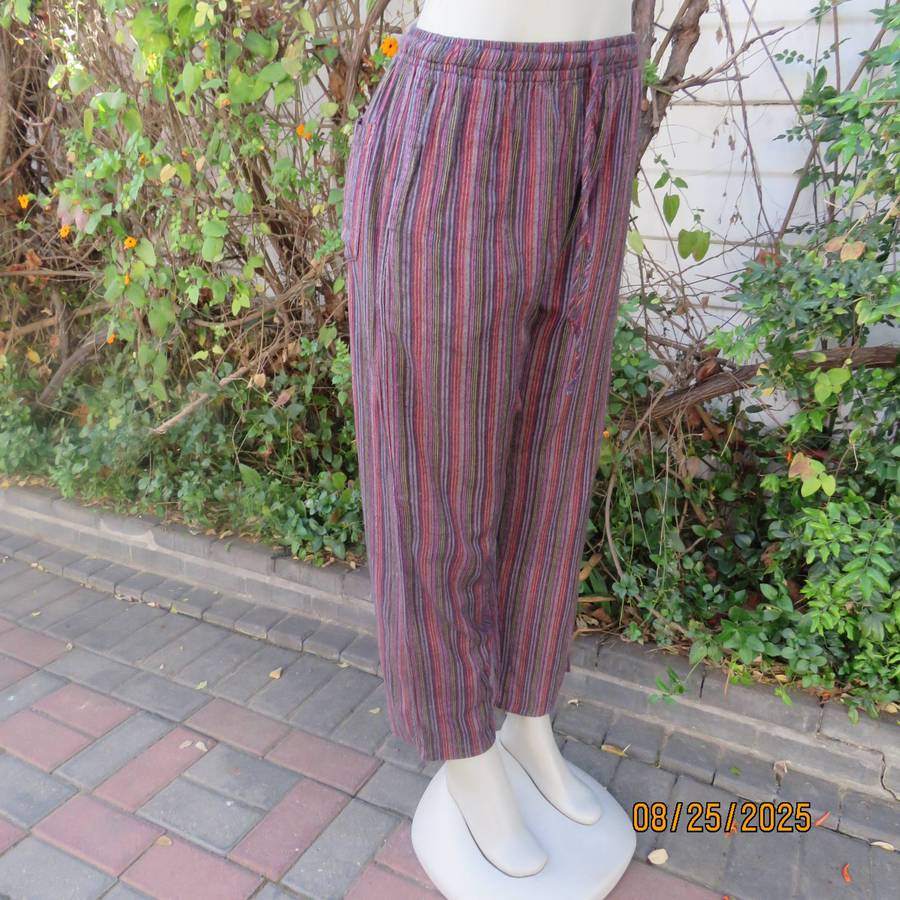 Red-lilac and black vertical striped cotton comfy pants. Elasticated waist. Size 38