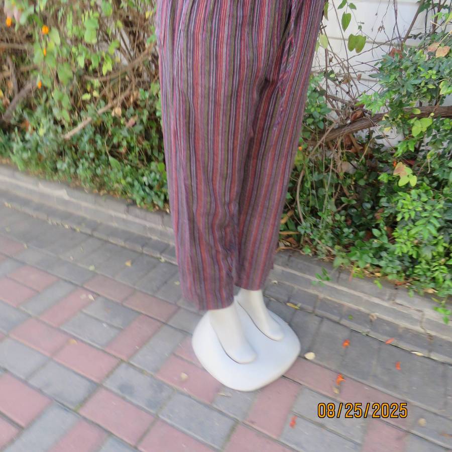 Red-lilac and black vertical striped cotton comfy pants. Elasticated waist. Size 38