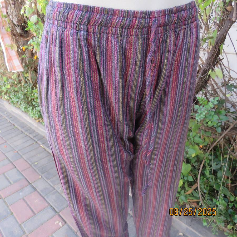 Red-lilac and black vertical striped cotton comfy pants. Elasticated waist. Size 38