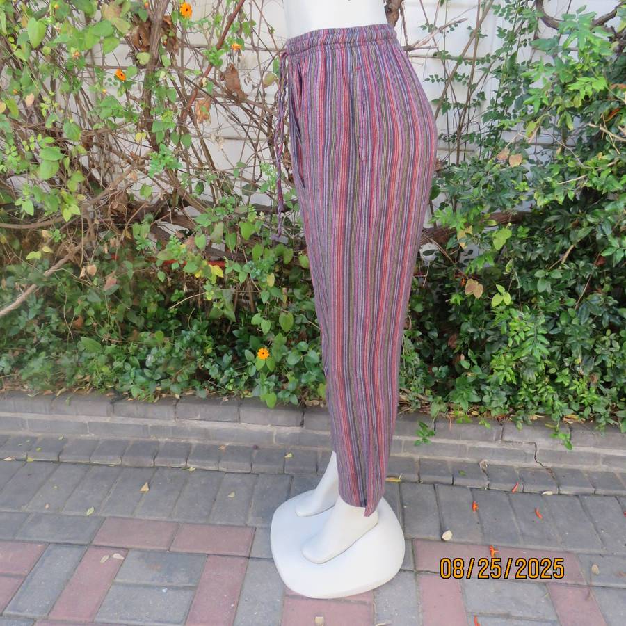 Red-lilac and black vertical striped cotton comfy pants. Elasticated waist. Size 38