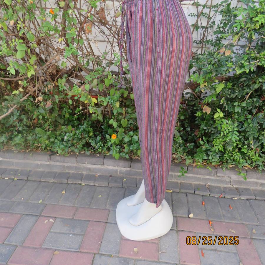 Red-lilac and black vertical striped cotton comfy pants. Elasticated waist. Size 38