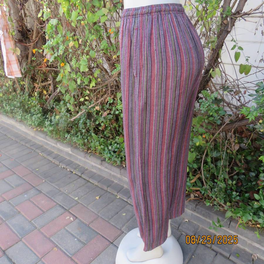 Red-lilac and black vertical striped cotton comfy pants. Elasticated waist. Size 38