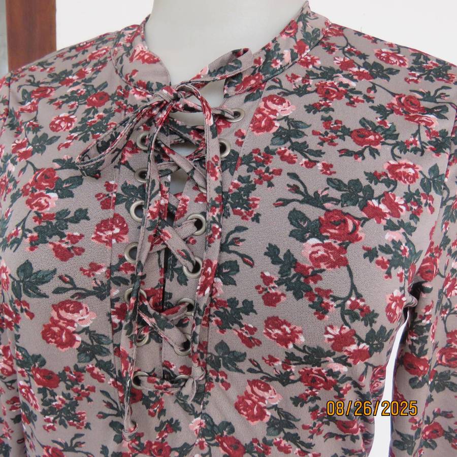 ONLY long fully lined stretch polyester mouse grey with red-green flowers. Size 32
