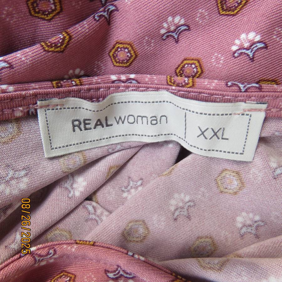 REAL Woman coral loose long top-short dress with tiny mustard-blue print. Size 42