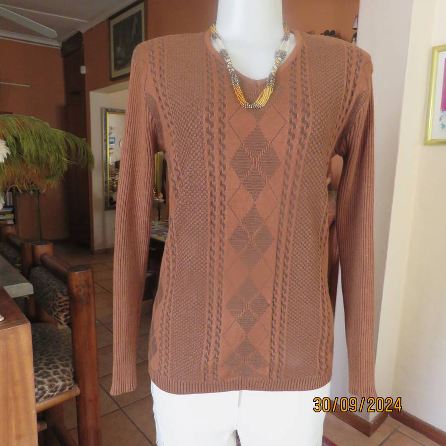 Fabulous long sleeve pullover in golden browns. Knitted in stretch polyester yarn.Size 36 to 38.