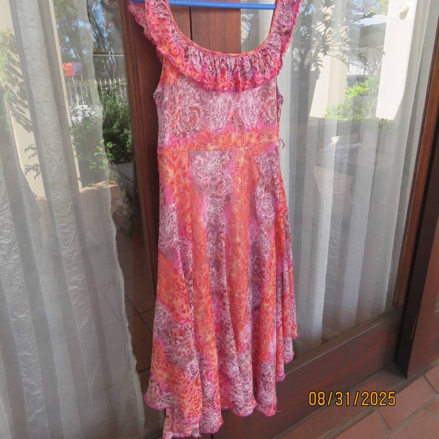 EXACT pink-crimson-white paisley print opaque lined flare dress for 9 to 10 yr old.