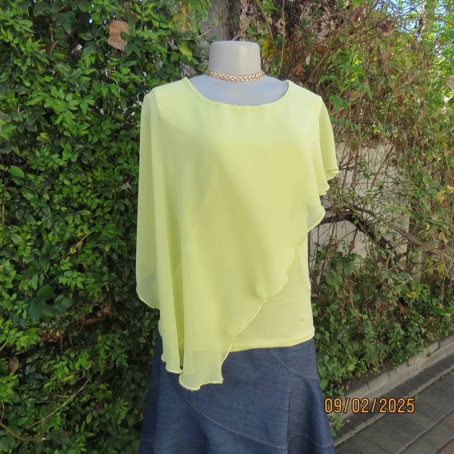 INSPIRE amber yellow sleeveless stretch cotton top with sheer overlay. Size 40