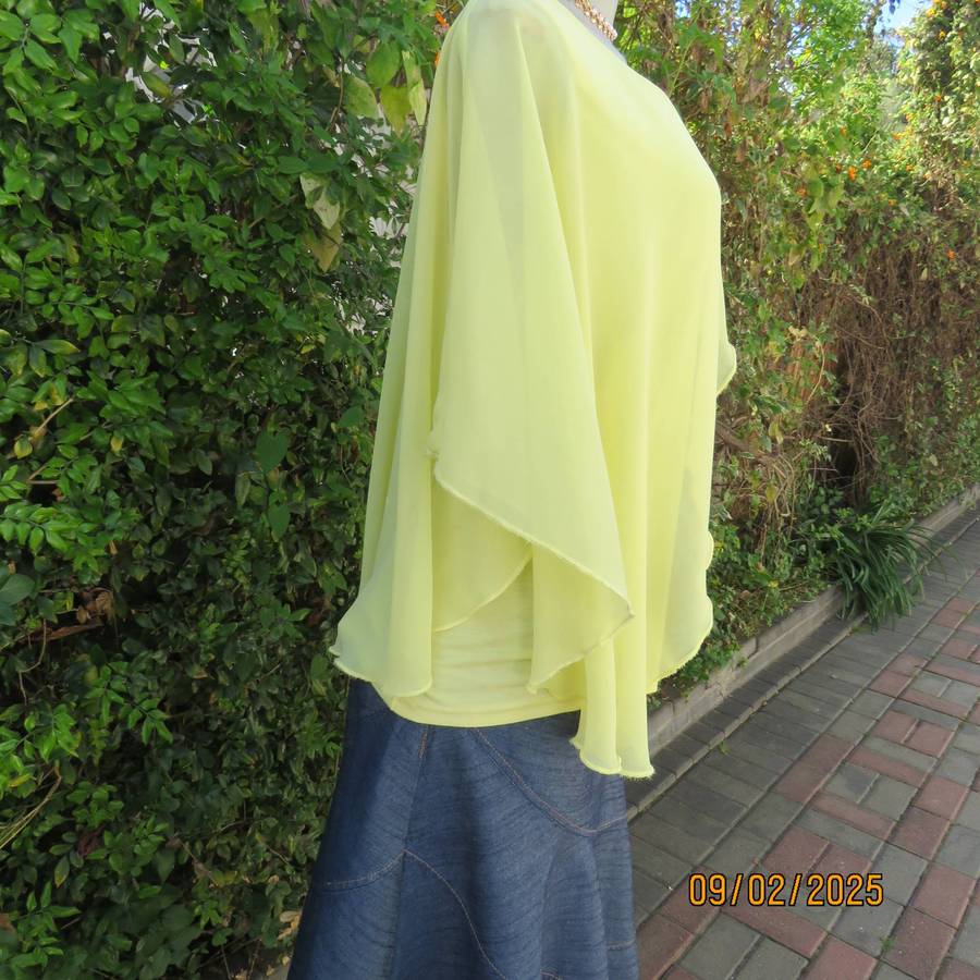 INSPIRE amber yellow sleeveless stretch cotton top with sheer overlay. Size 40