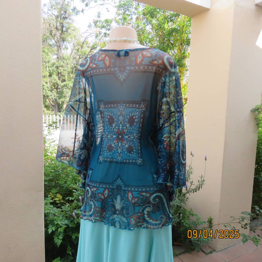 NEWS halfmoon sheer jade colour top with aqua-rust geometric print. Size 38