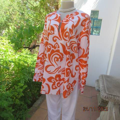 WOOLWORTHS white with orange bold graphic print slip over with long sleeves. Size 42