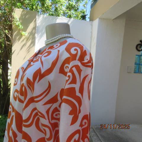 WOOLWORTHS white with orange bold graphic print slip over with long sleeves. Size 42