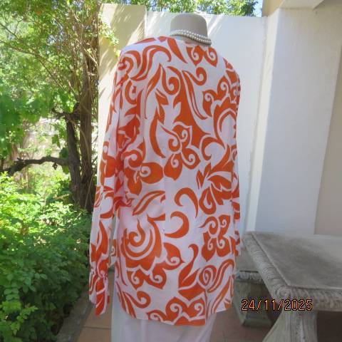 WOOLWORTHS white with orange bold graphic print slip over with long sleeves. Size 42