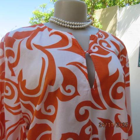 WOOLWORTHS white with orange bold graphic print slip over with long sleeves. Size 42