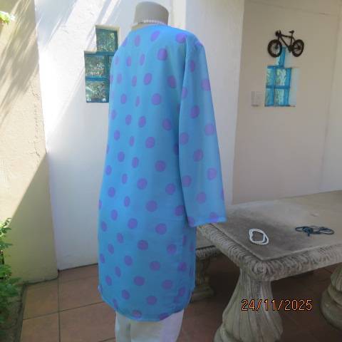 Tiffany blue with large lilac polkadots 2 layer sheer polyester long top. Size 38
