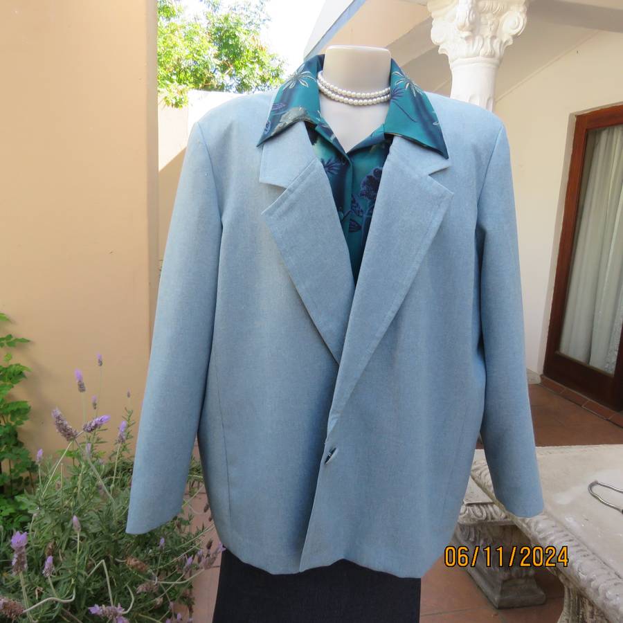 Boutique made light blue polyester-wool blend long sleeve jacket..One button.Size 50