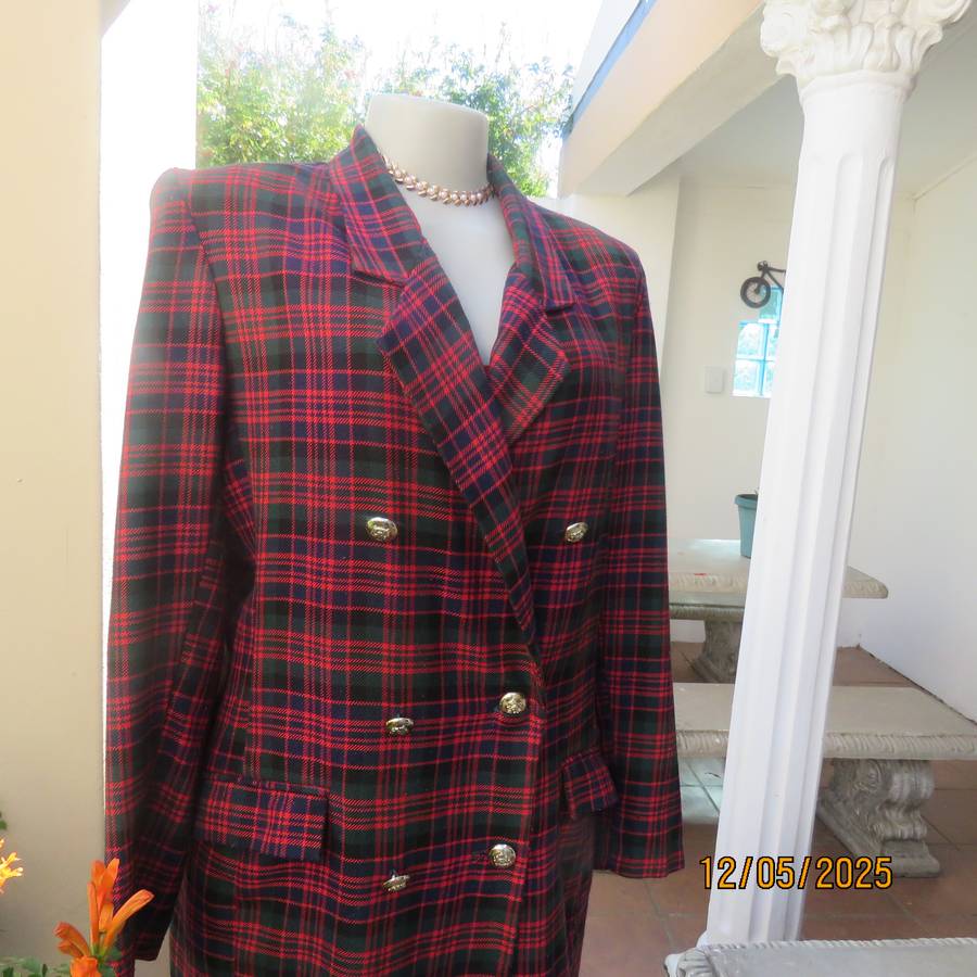 MERIEN HALL double breast tartan print long sleeve jacket size 40. Red-navy-green.