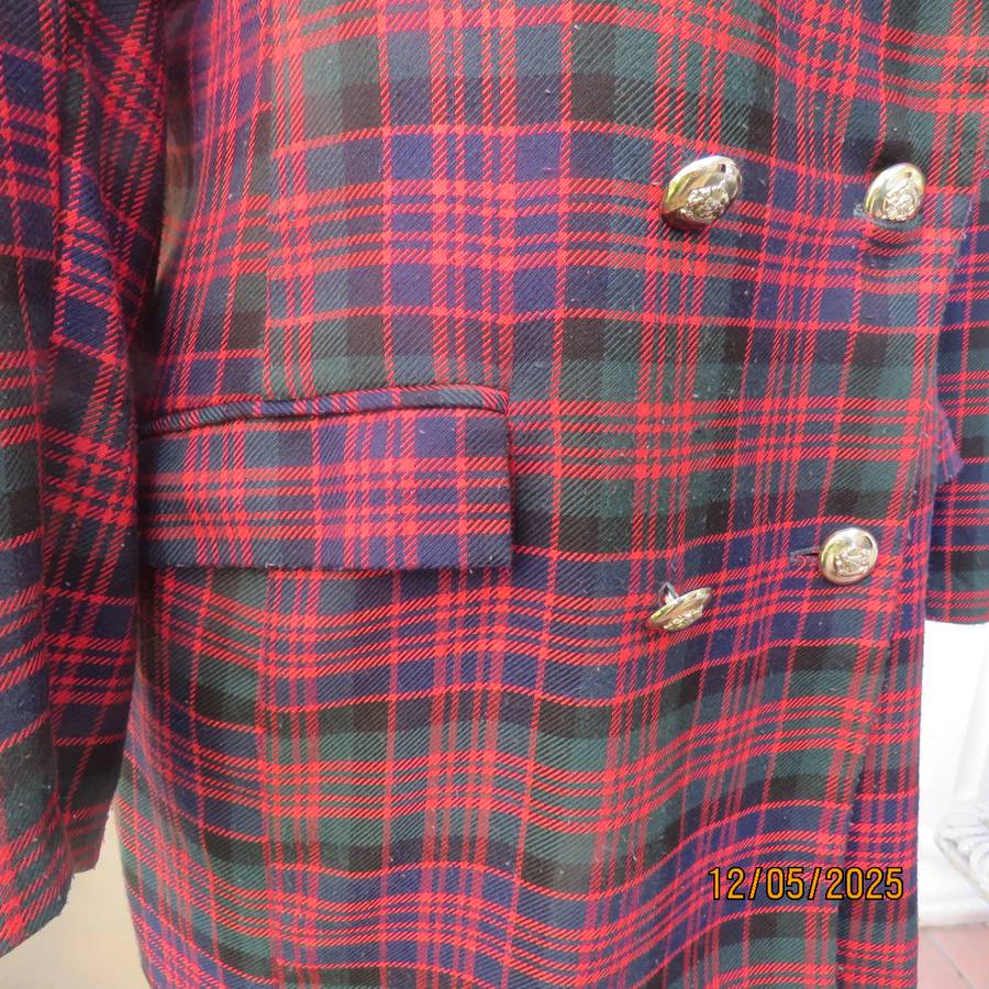 MERIEN HALL double breast tartan print long sleeve jacket size 40. Red-navy-green.