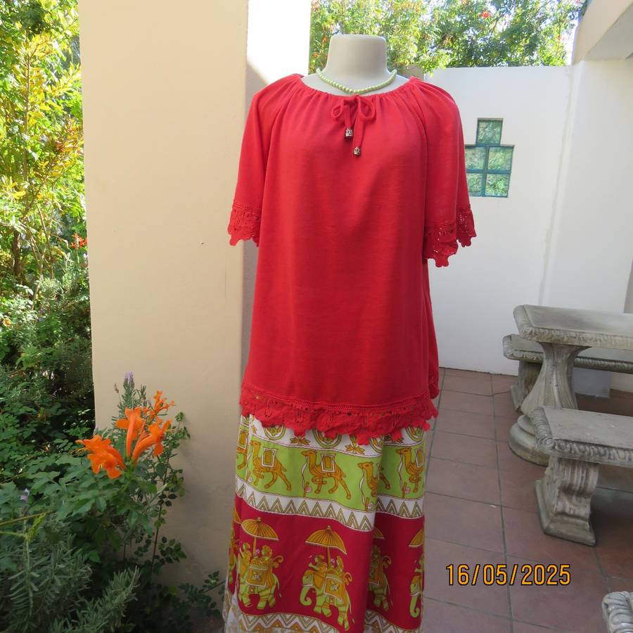 COMENG cherry red woven polyester slip over size 40 top. Short raglan sleeves.