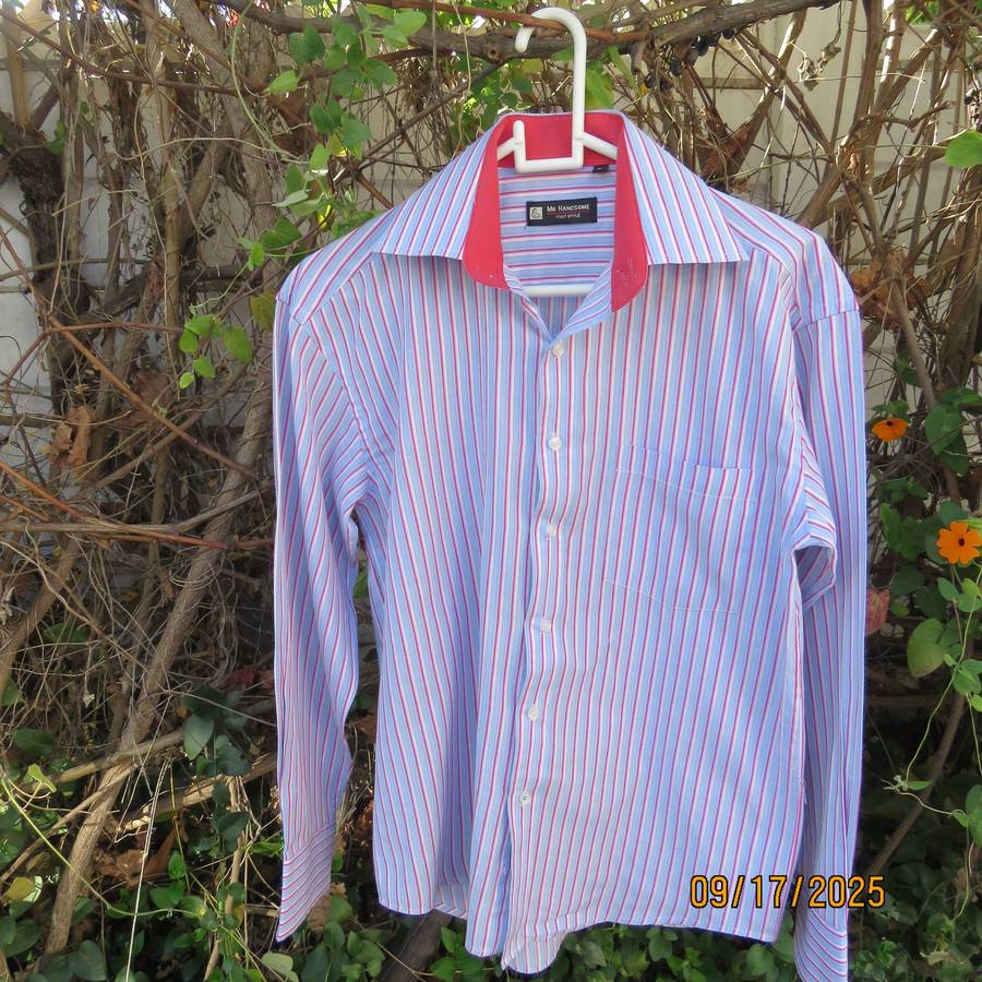 Mr HANDSOME blue-red-white vertical striped long sleeve shirt in polycotton. Size Small