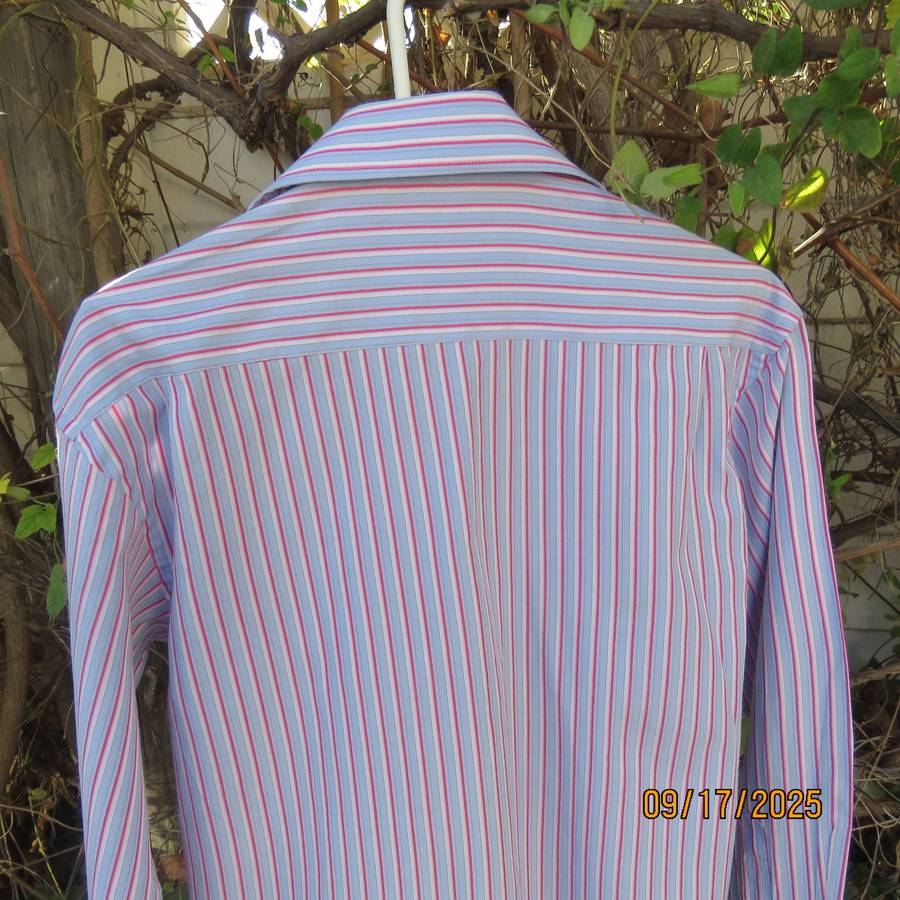 Mr HANDSOME blue-red-white vertical striped long sleeve shirt in polycotton. Size Small
