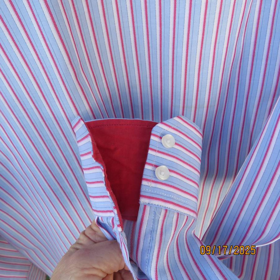 Mr HANDSOME blue-red-white vertical striped long sleeve shirt in polycotton. Size Small