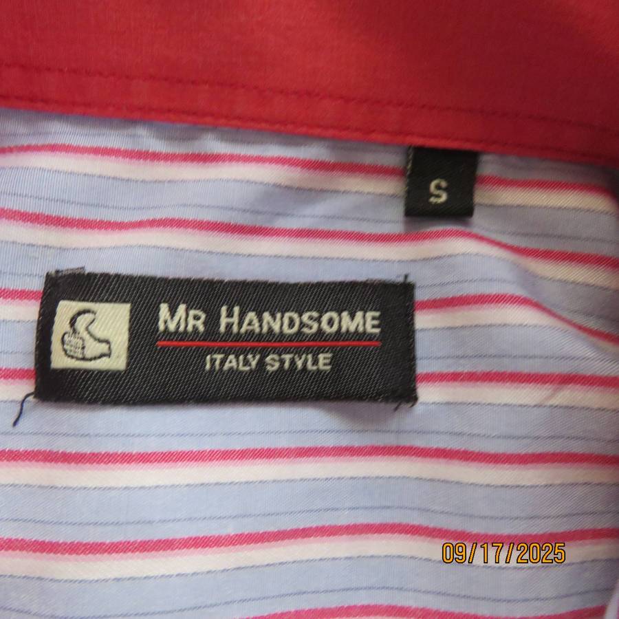 Mr HANDSOME blue-red-white vertical striped long sleeve shirt in polycotton. Size Small