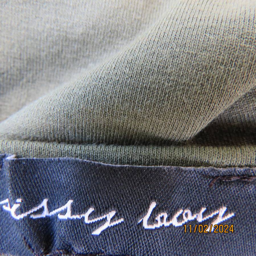 SISSY BOY olive green slip over size 32 top in stretch viscose. Pink edging. As new condition.