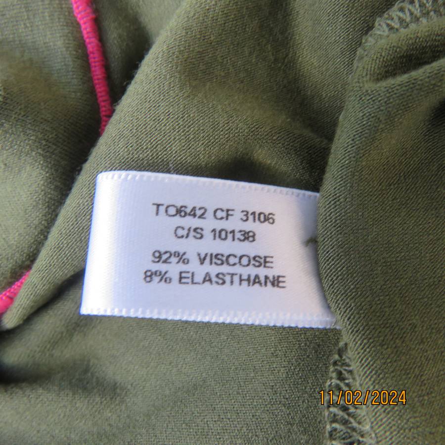 SISSY BOY olive green slip over size 32 top in stretch viscose. Pink edging. As new condition.