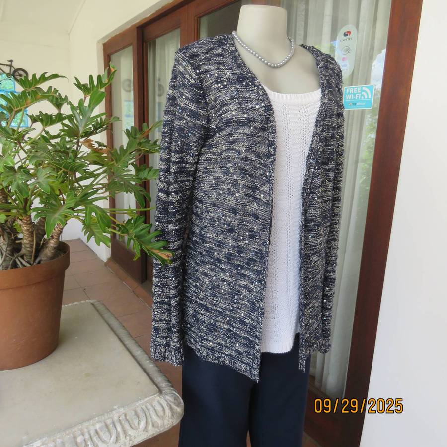 IDENTITY navy-silver lurex open long sleeve cardigan knitted with acrylic-rayon. Size 36-38