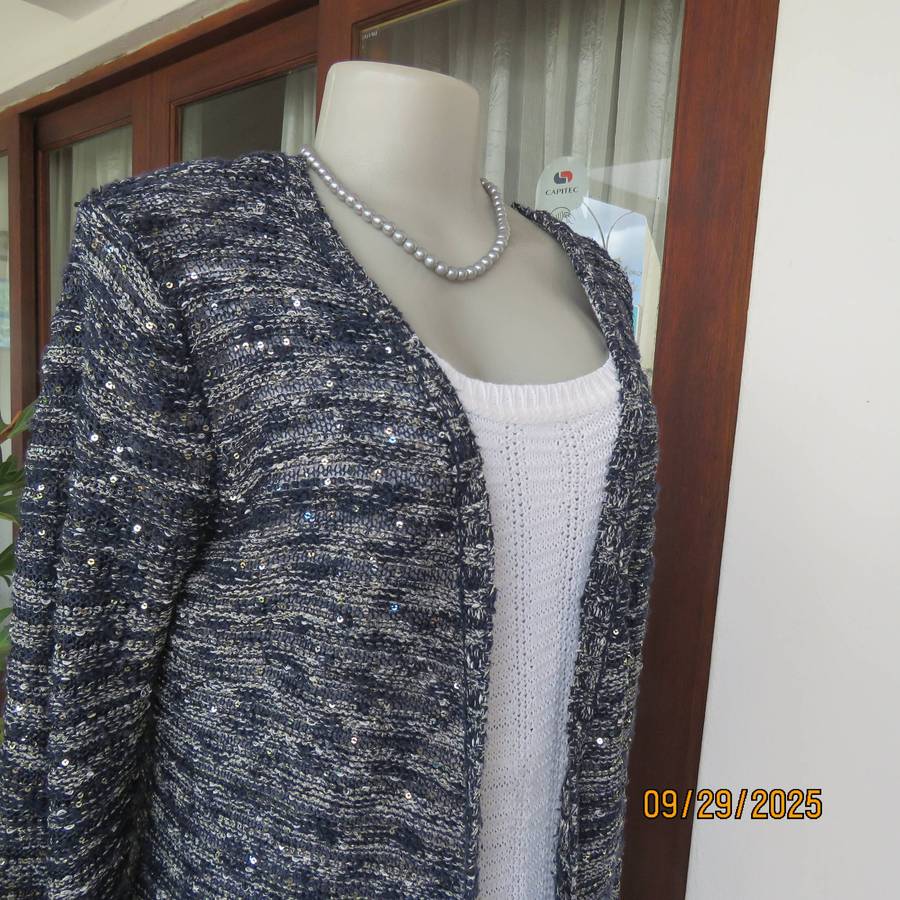 IDENTITY navy-silver lurex open long sleeve cardigan knitted with acrylic-rayon. Size 36-38