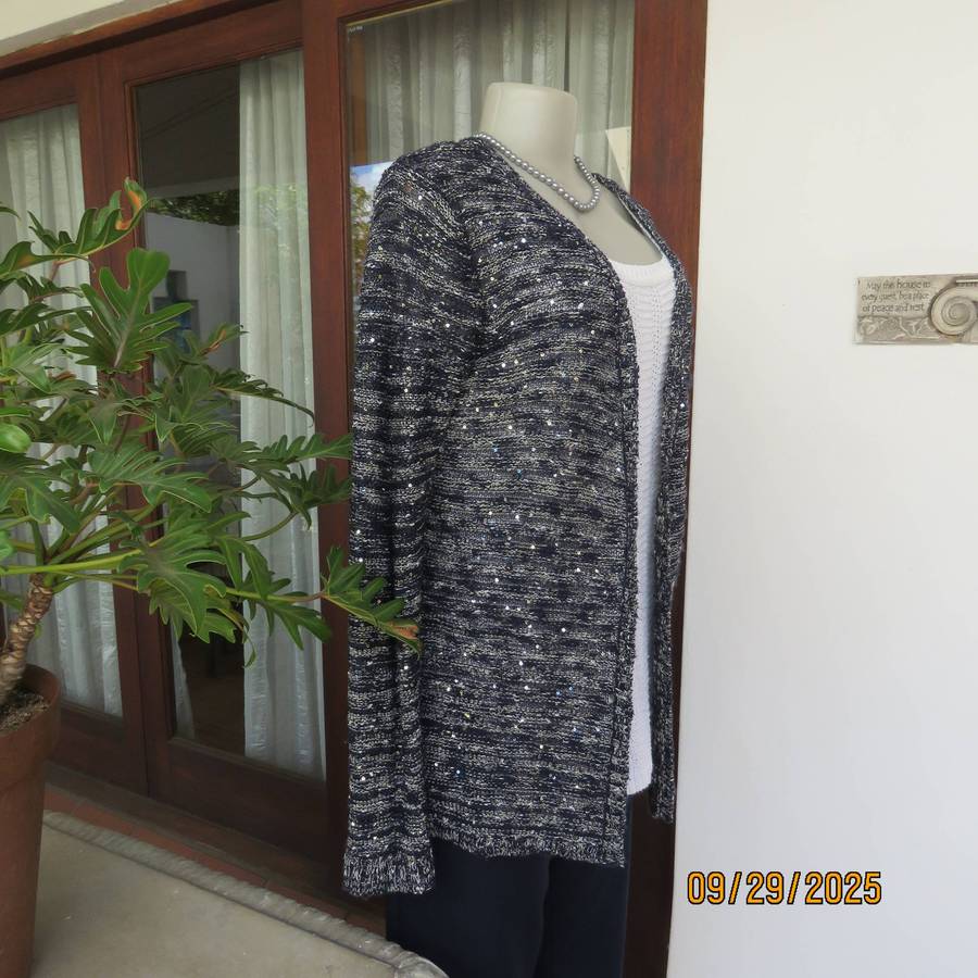 IDENTITY navy-silver lurex open long sleeve cardigan knitted with acrylic-rayon. Size 36-38