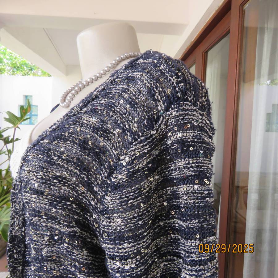 IDENTITY navy-silver lurex open long sleeve cardigan knitted with acrylic-rayon. Size 36-38