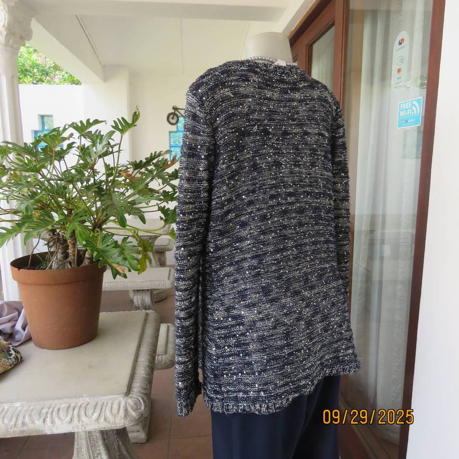 IDENTITY navy-silver lurex open long sleeve cardigan knitted with acrylic-rayon. Size 36-38