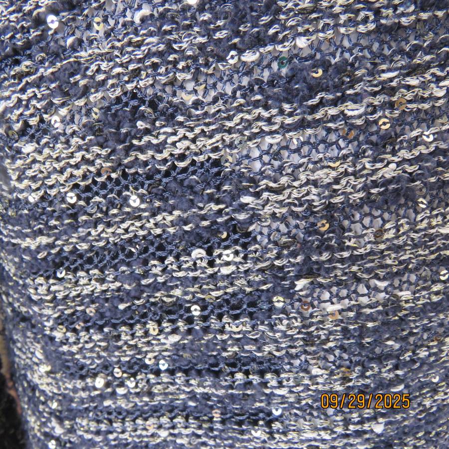 IDENTITY navy-silver lurex open long sleeve cardigan knitted with acrylic-rayon. Size 36-38
